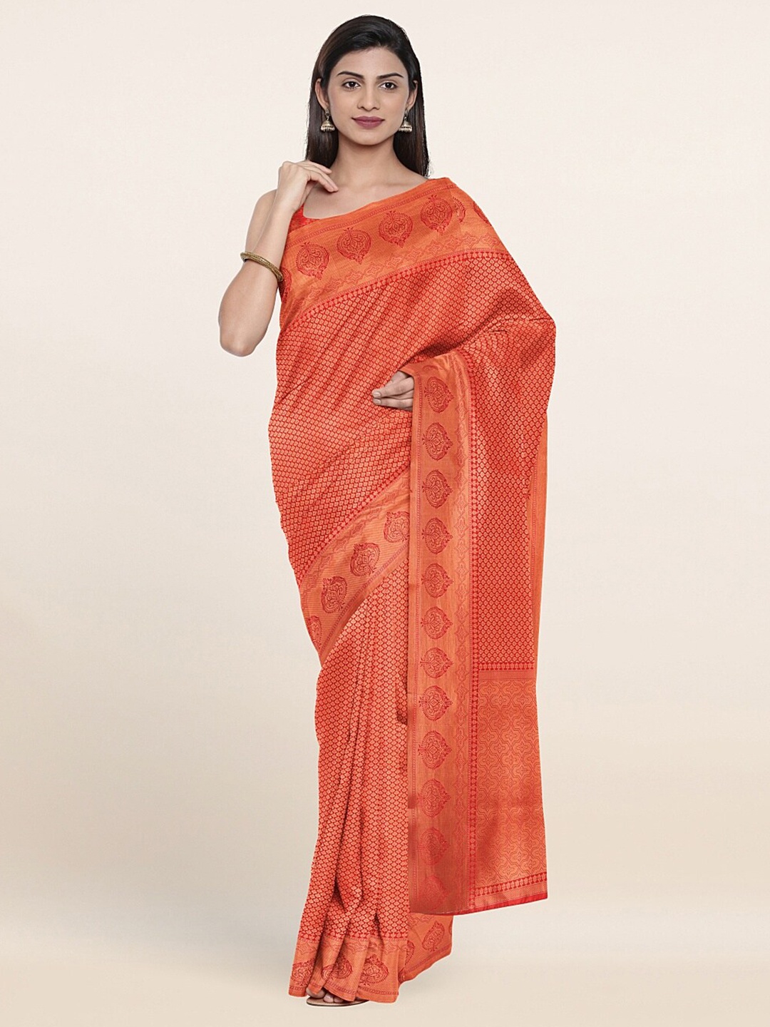 

Pothys Red & Gold-Toned Floral Art Silk Banarasi Saree