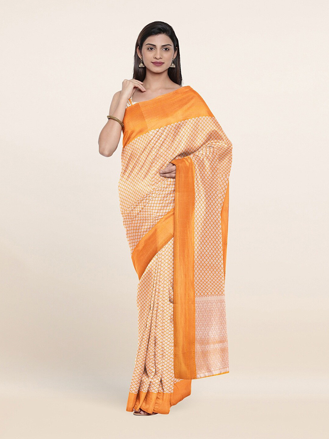 

Pothys Orange & White Ethnic Motifs Zari Art Silk Saree