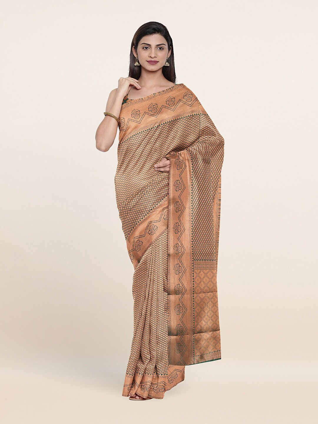 

Pothys Green & Copper-Toned Ethnic Motifs Zari Art Silk Banarasi Saree