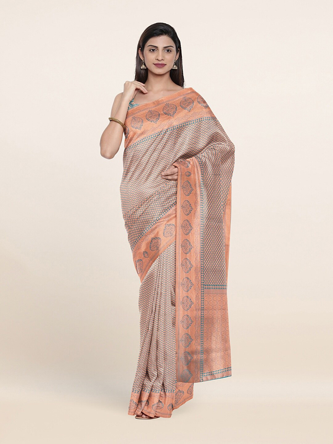

Pothys Green & Copper-Toned Ethnic Motifs Art Silk Banarasi Saree