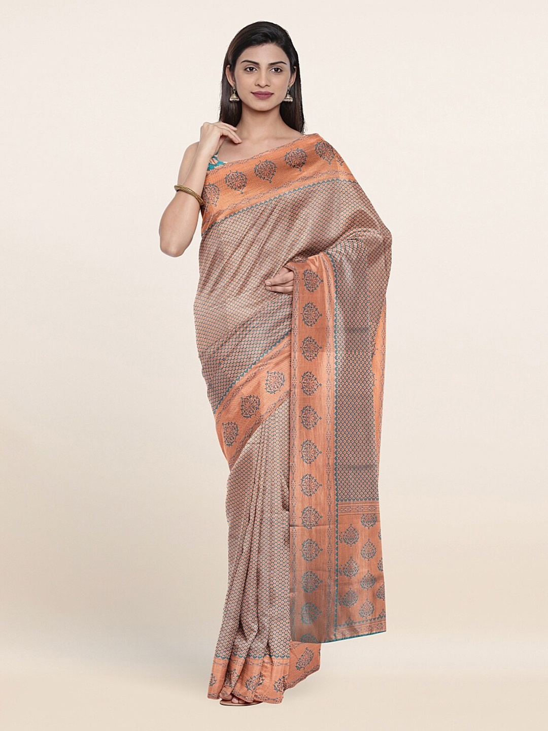 

Pothys Green & Orange Ethnic Motifs Zari Art Silk Saree