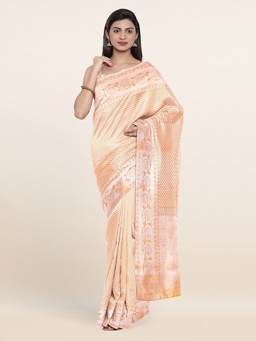 

Pothys Orange & Silver-Toned Floral Zari Art Silk Saree