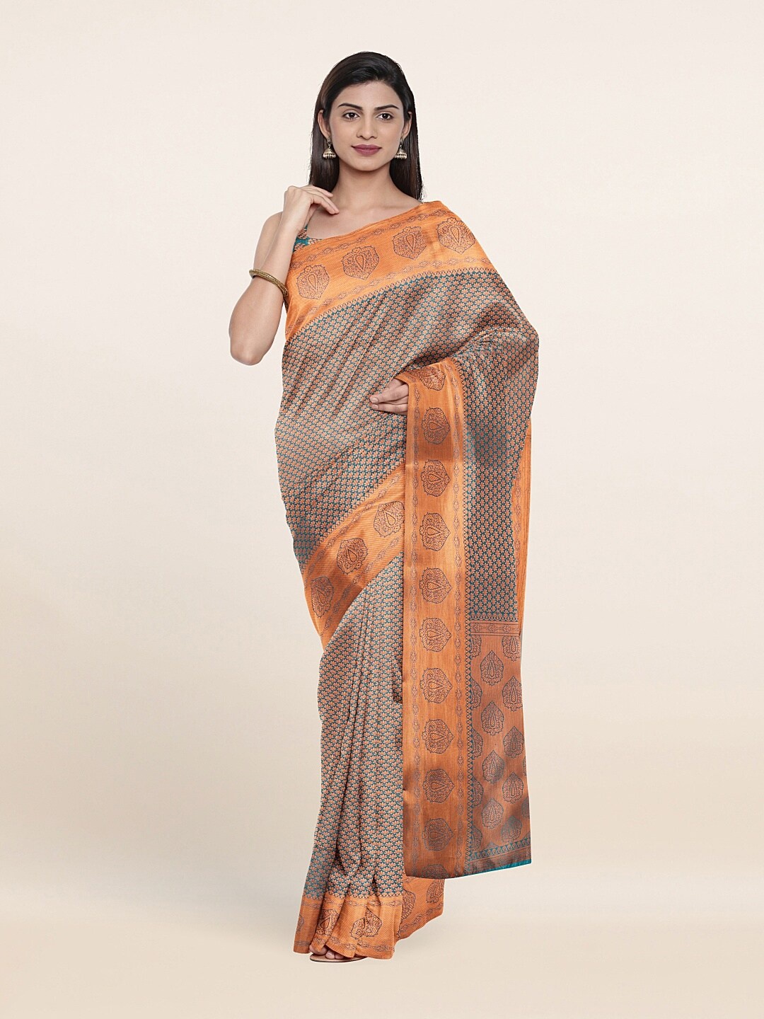 

Pothys Teal Green & Orange Ethnic Motifs Art Silk Banarasi Saree