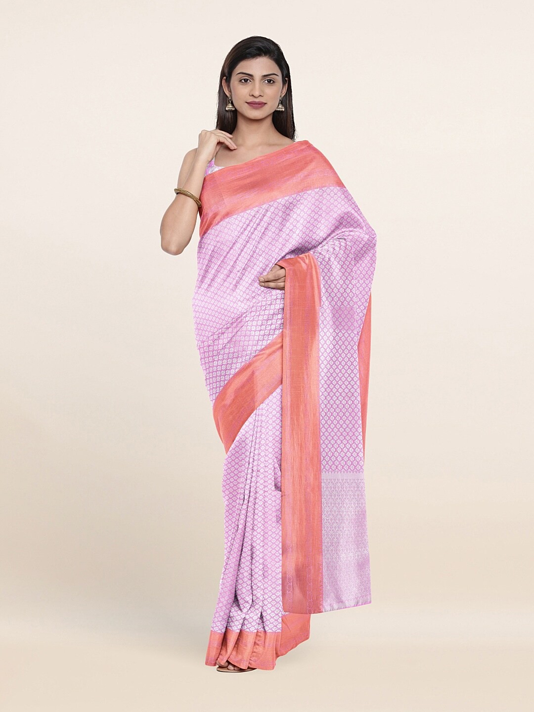 

Pothys Pink & Silver-Toned Ethnic Motifs Zari Art Silk Banarasi Saree