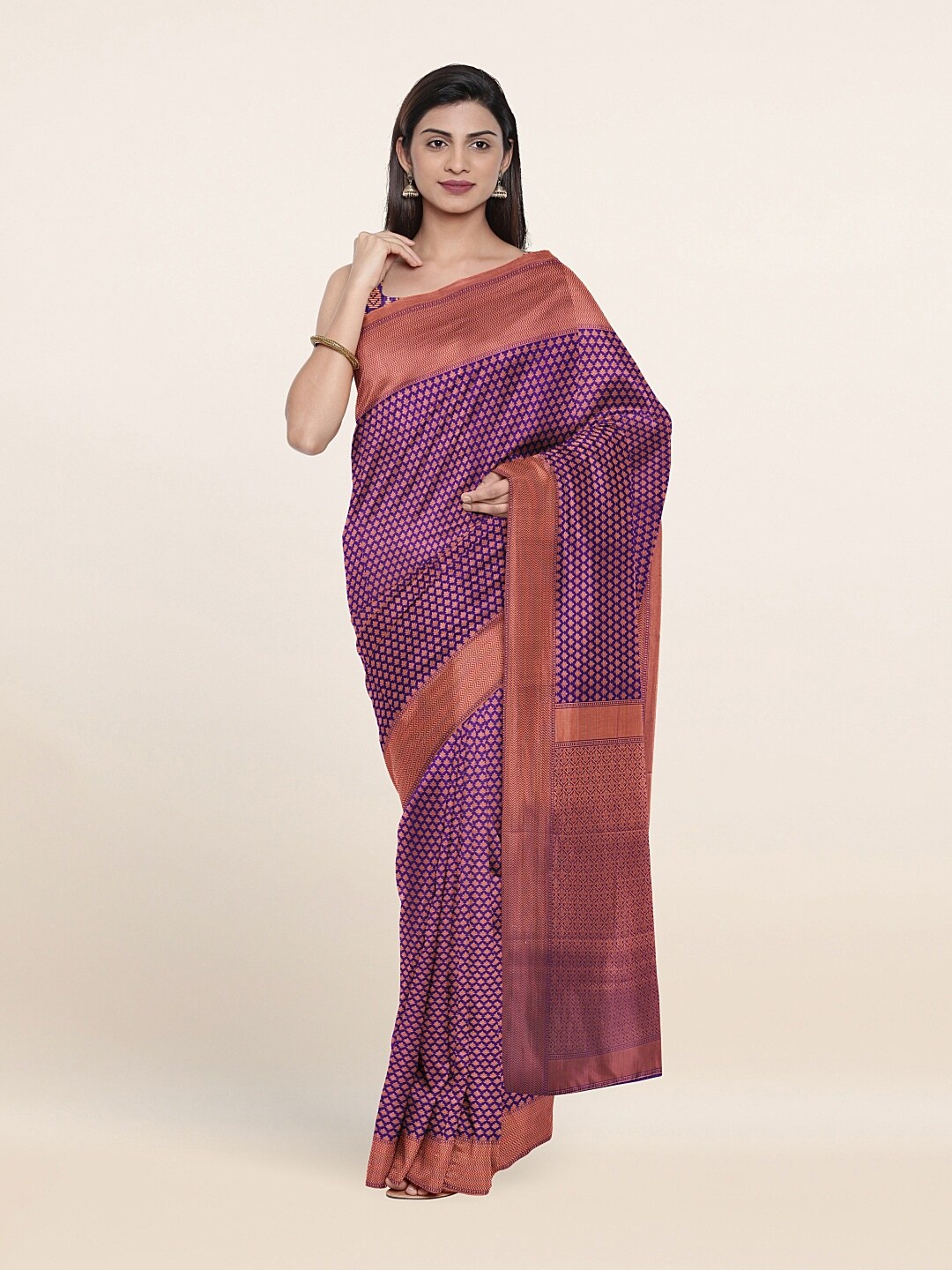 

Pothys Violet & Gold-Toned Woven Design Art Silk Saree