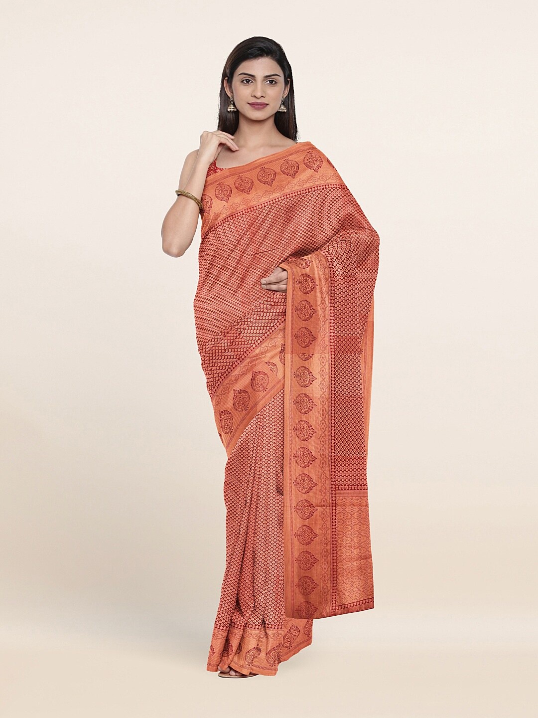 

Pothys Maroon & Gold-Toned Ethnic Motifs Art Silk Banarasi Saree