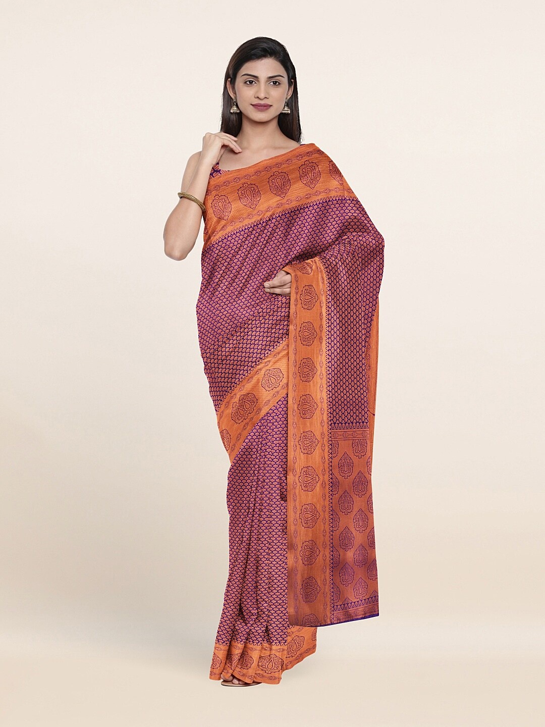 

Pothys Violet & Copper-Toned Ethnic Motifs Zari Art Silk Banarasi Saree