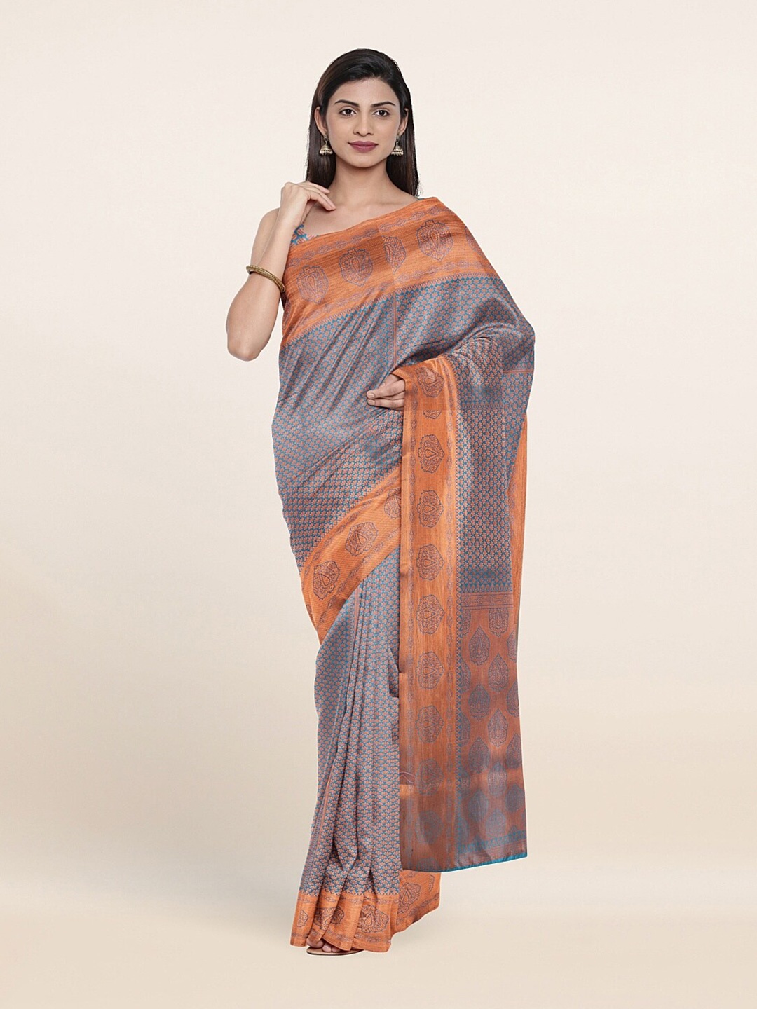 

Pothys Blue & Copper-Toned Woven Design Zari Art Silk Saree