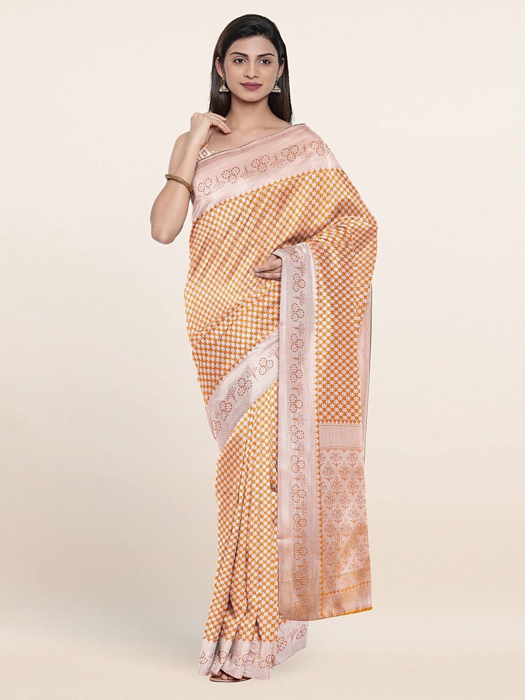 

Pothys Mustard & Silver-Toned Woven Design Zari Art Silk Saree