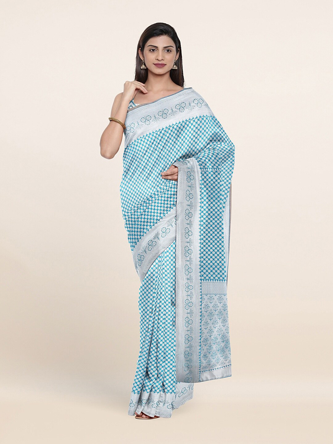 

Pothys Blue & Silver-Toned Woven Design Zari Art Silk Saree