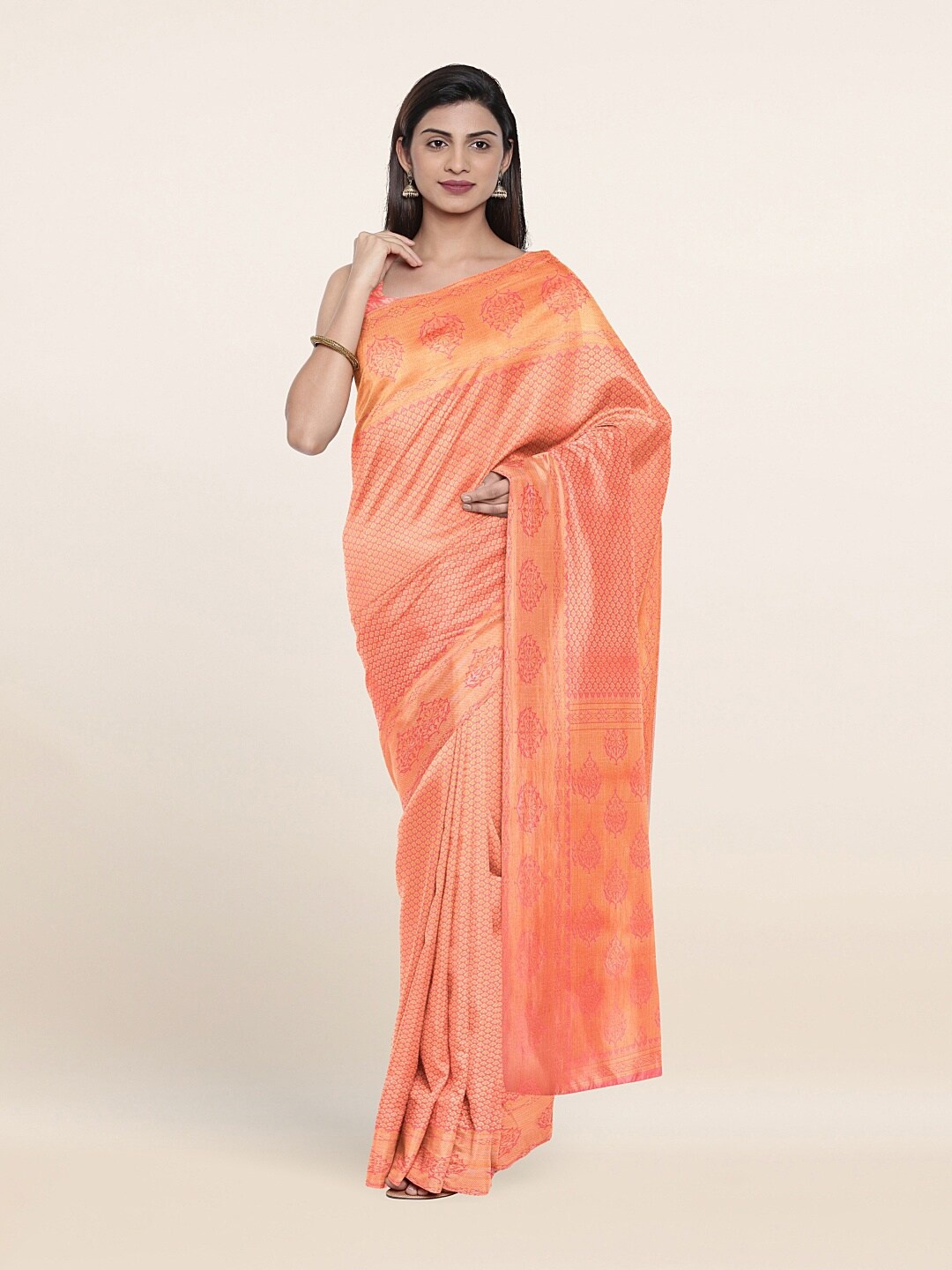 

Pothys Peach-Coloured & Gold-Toned Woven Design Zari Art Silk Saree