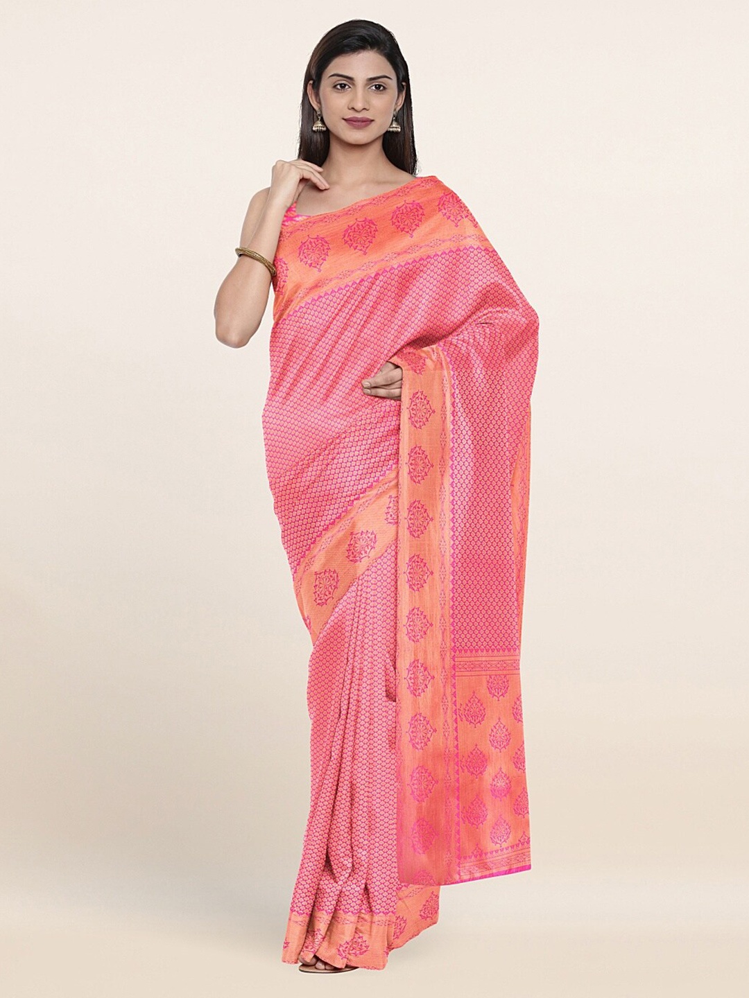 

Pothys Pink & Gold-Toned Woven Design Zari Art Silk Saree