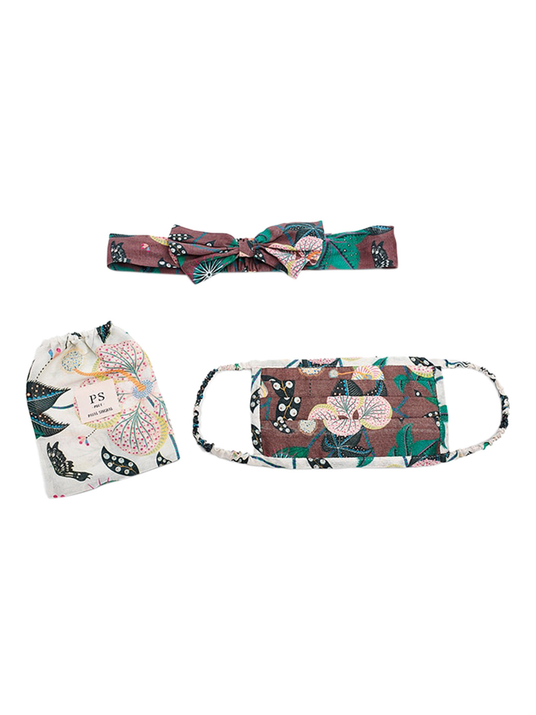 

Payal Singhal Brown Floral Print Reusable 3 Ply Mask With Pouch & Matching Hairband Set