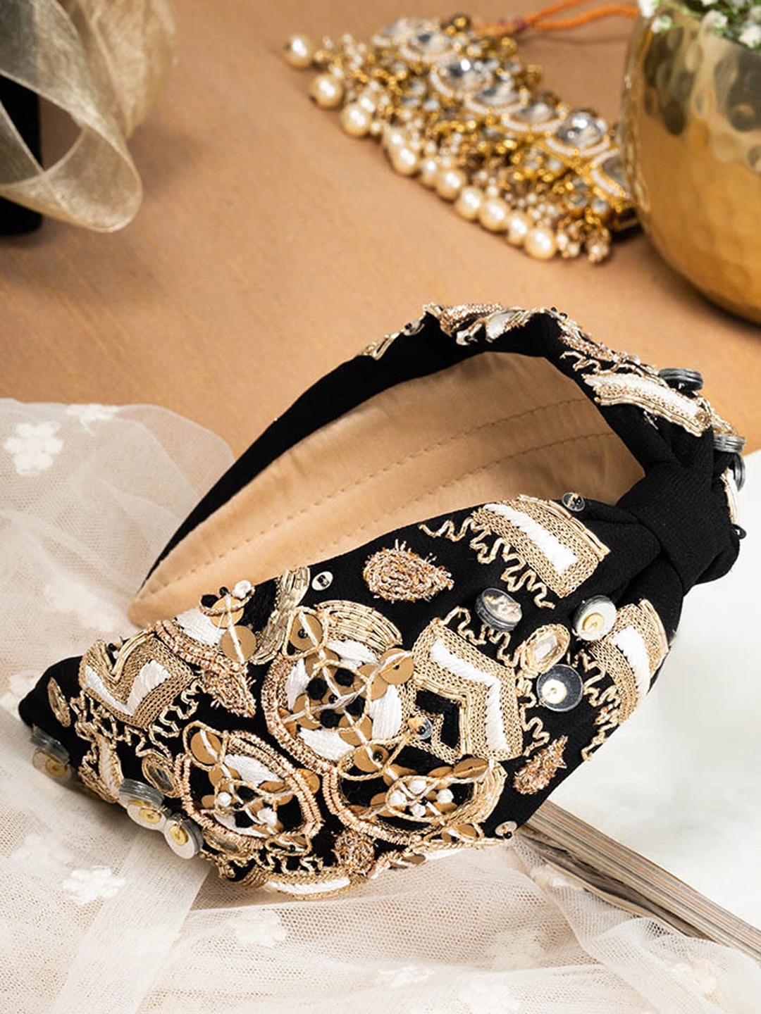 

Payal Singhal Women Black Embroidered & Embellished Bandana Headband