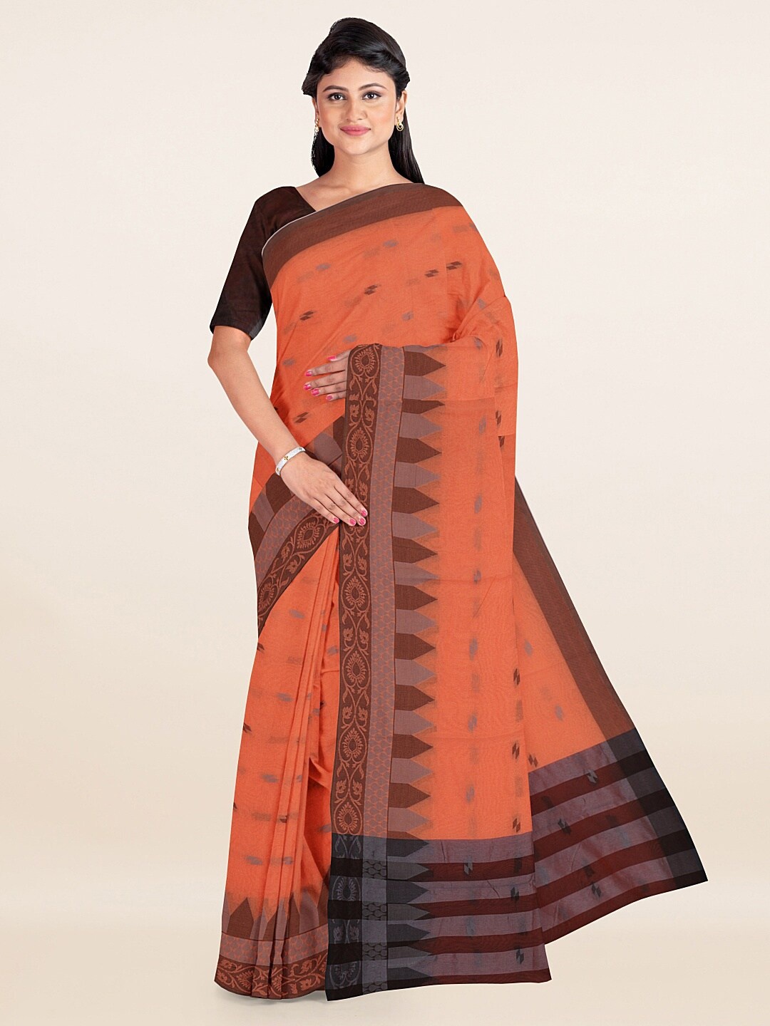 

Pothys Peach-Coloured & Brown Woven Design Banarasi Saree