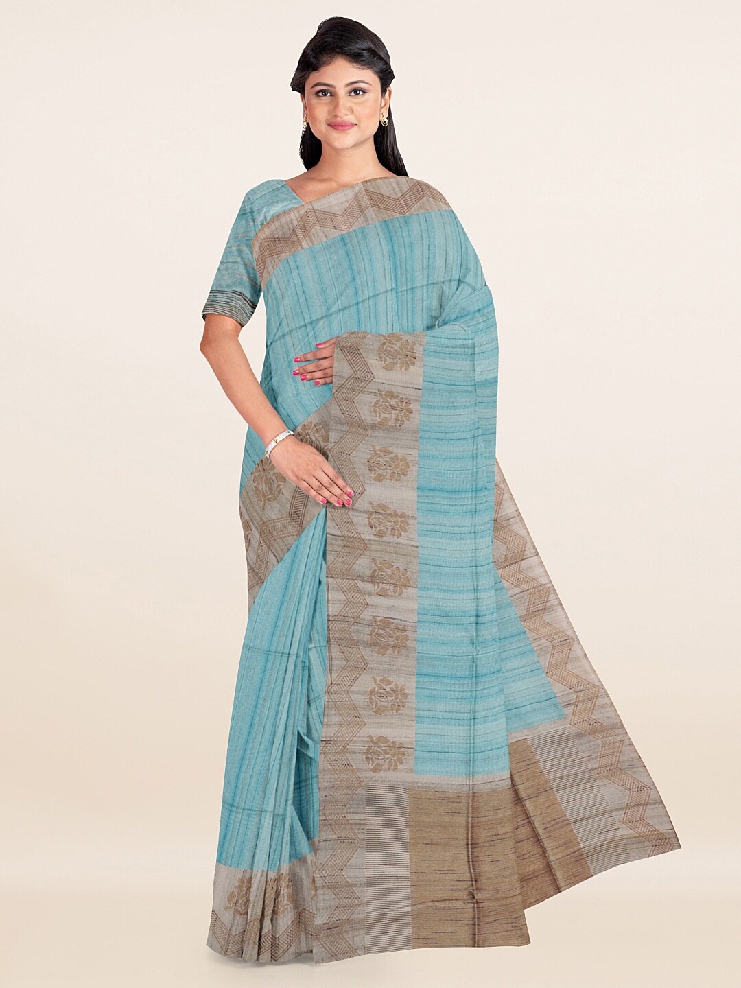 

Pothys Blue & Tan Brown Ethnic Motifs Zari Banaras Silk Saree