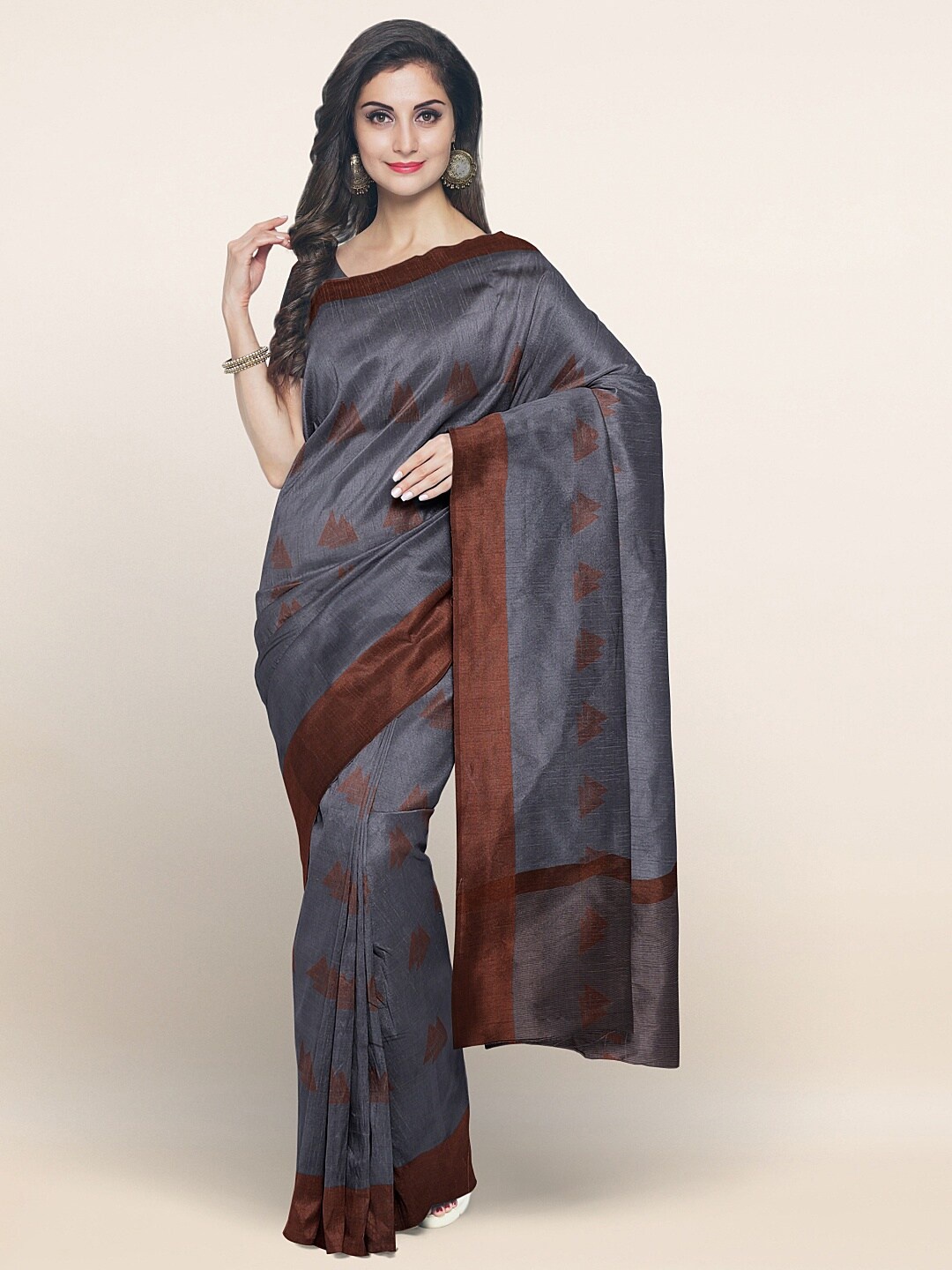 

Pothys Grey & Brown Woven Design Silk Banaras Silk Saree