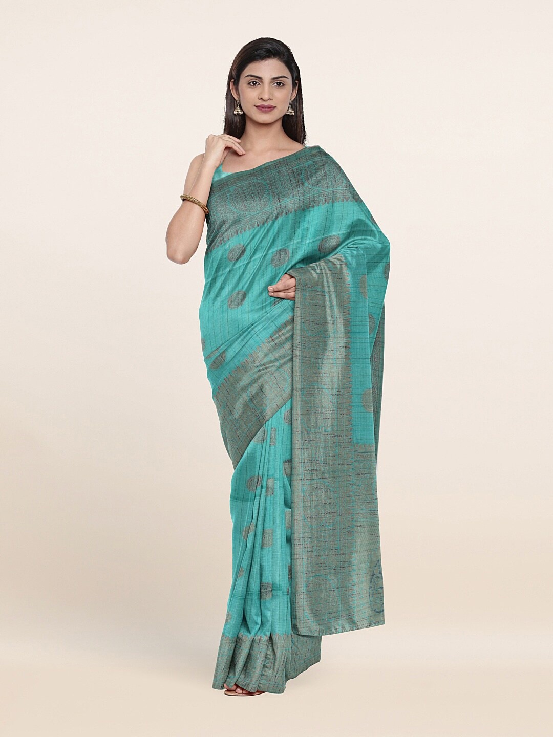 

Pothys Green & Gold-Toned Woven Design Zari Pure Silk Saree