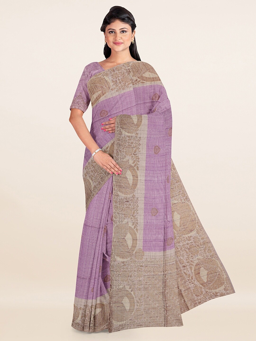 

Pothys Lavender & Beige Woven Design Zari Banaras Silk Saree