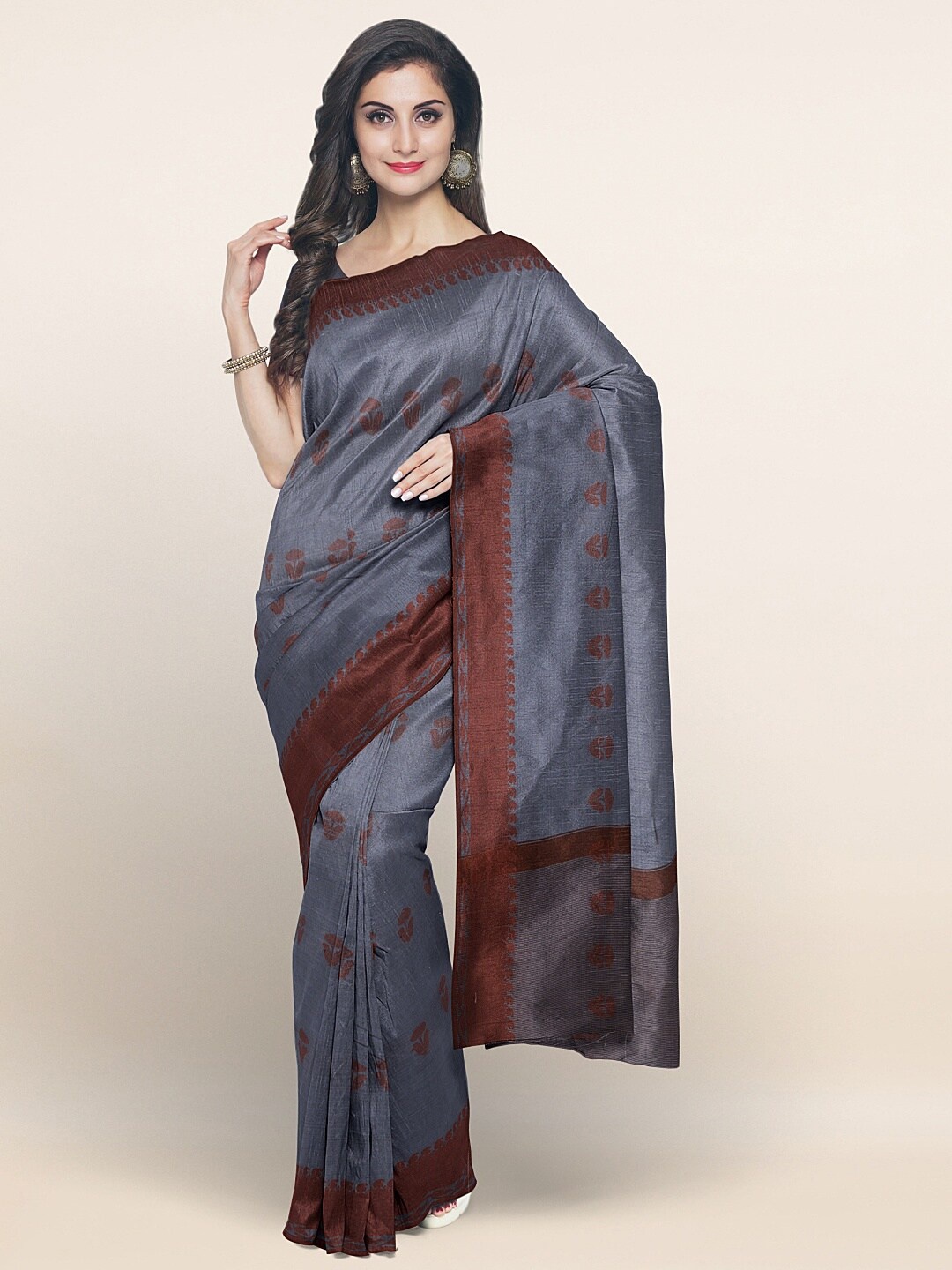 

Pothys Grey & Brown Woven Design Banaras Silk Saree