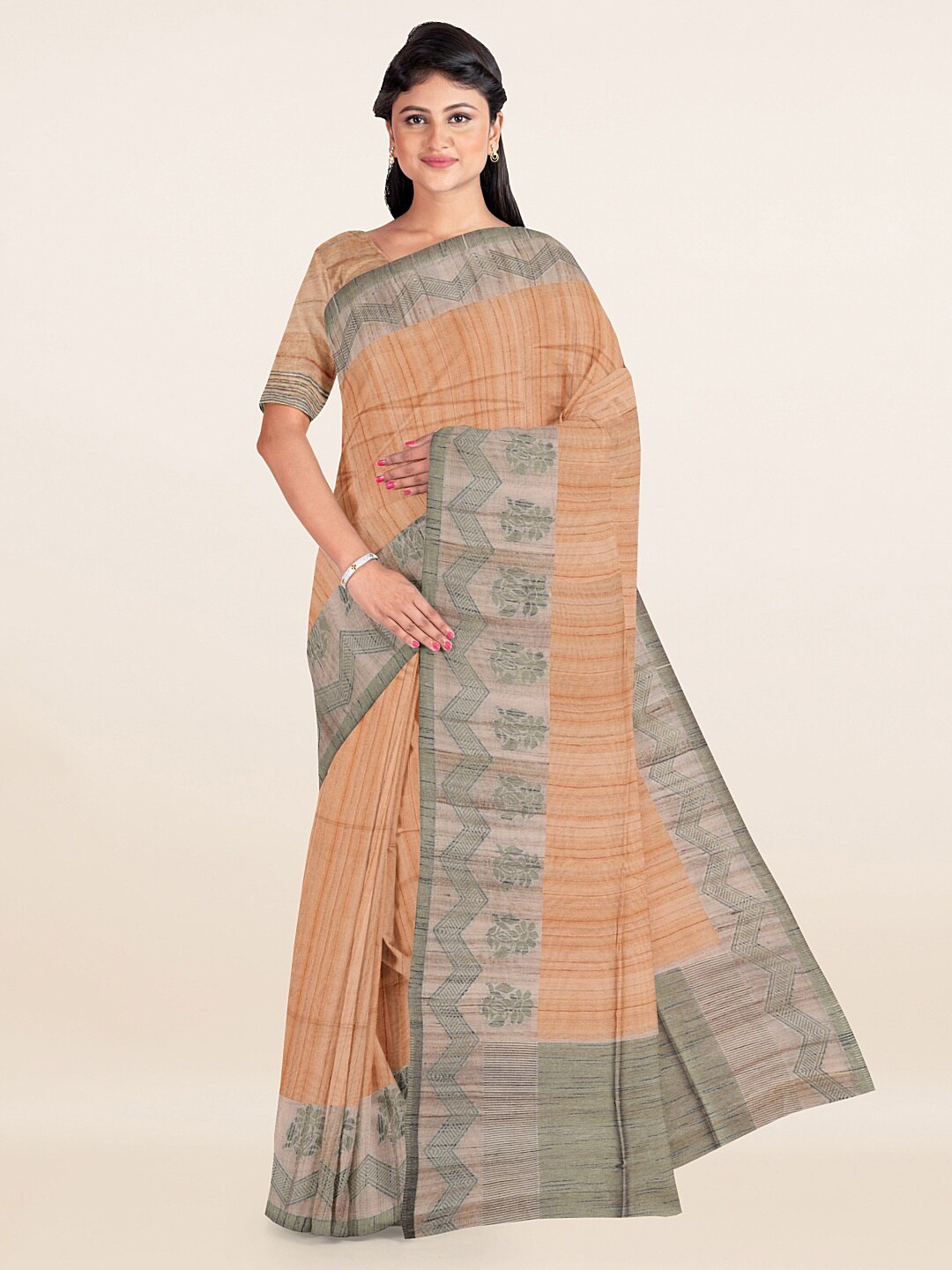 

Pothys Peach-Coloured & Grey Woven Design Saree