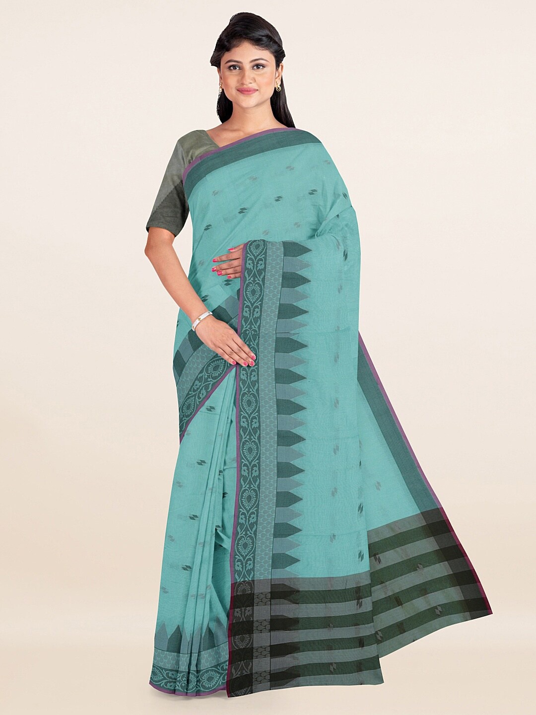 

Pothys Blue & Green Woven Design Banaras Silk Saree