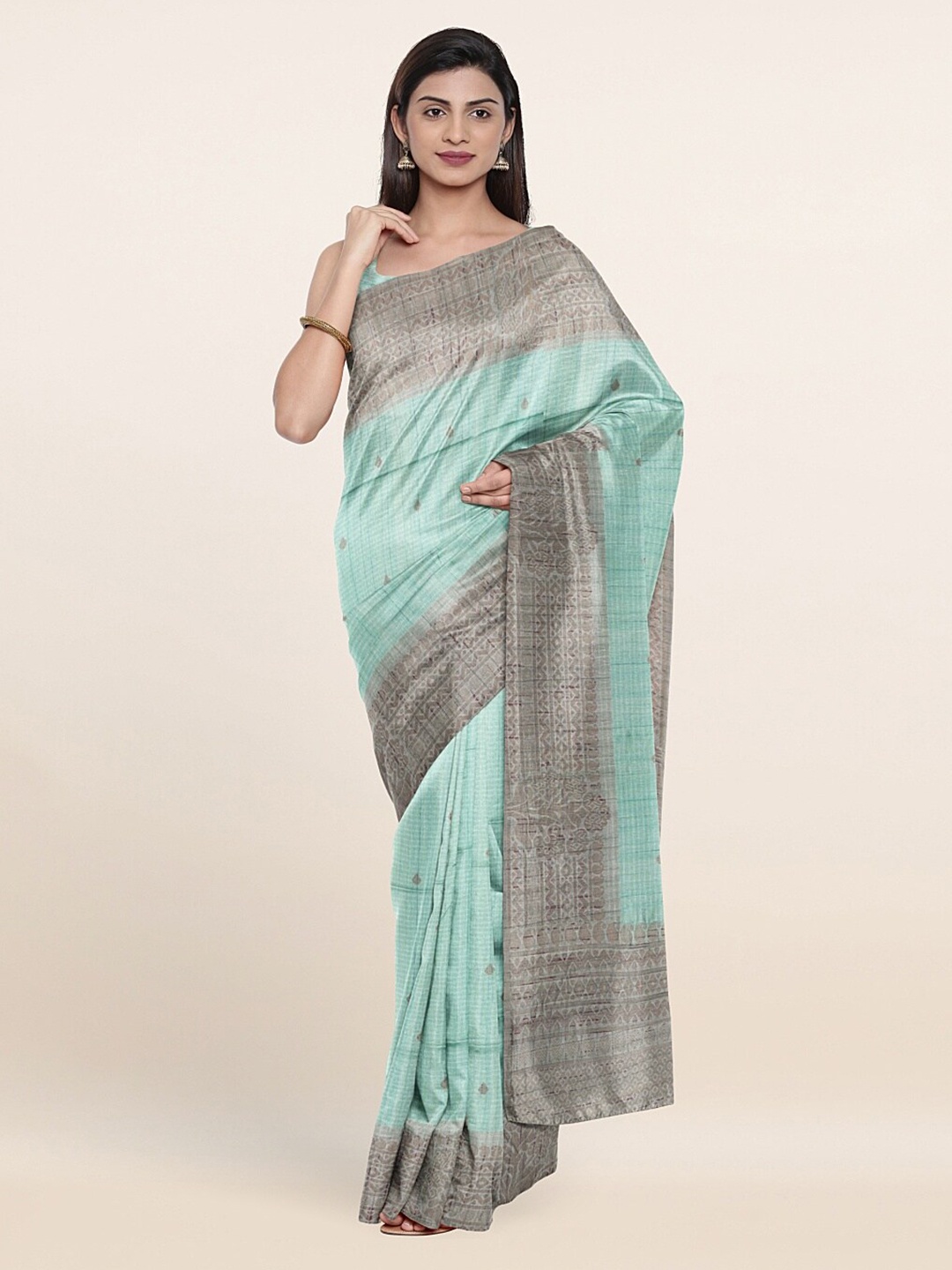 

Pothys Green & Grey Woven Design Zari Banaras Silk Saree