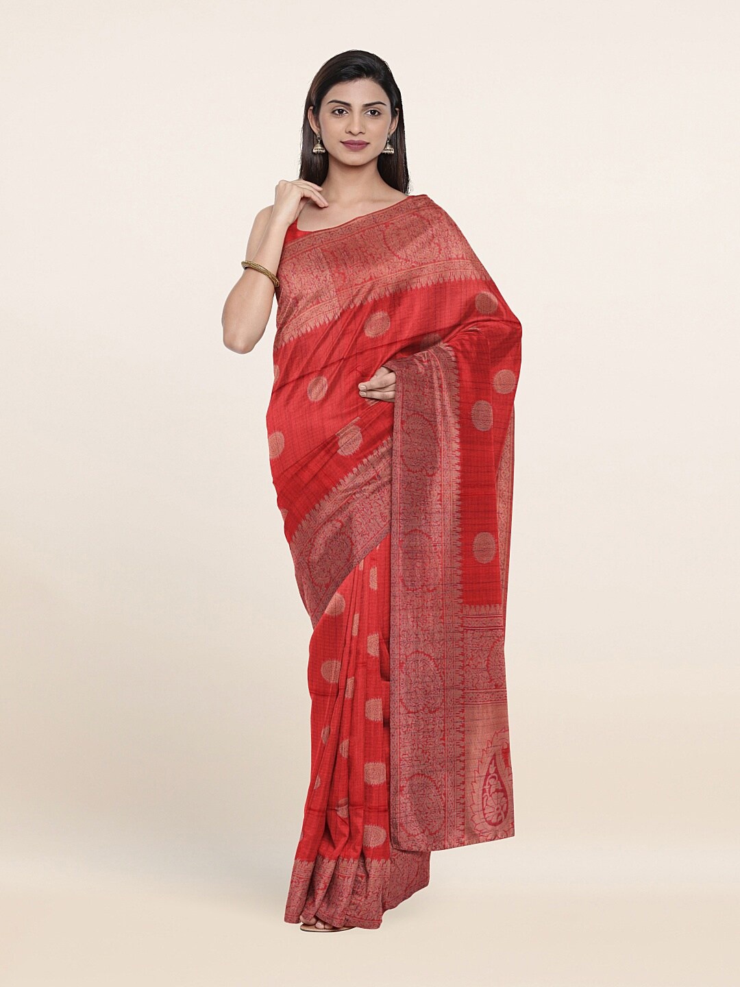 

Pothys Red & Silver-Toned Woven Design Zari Saree