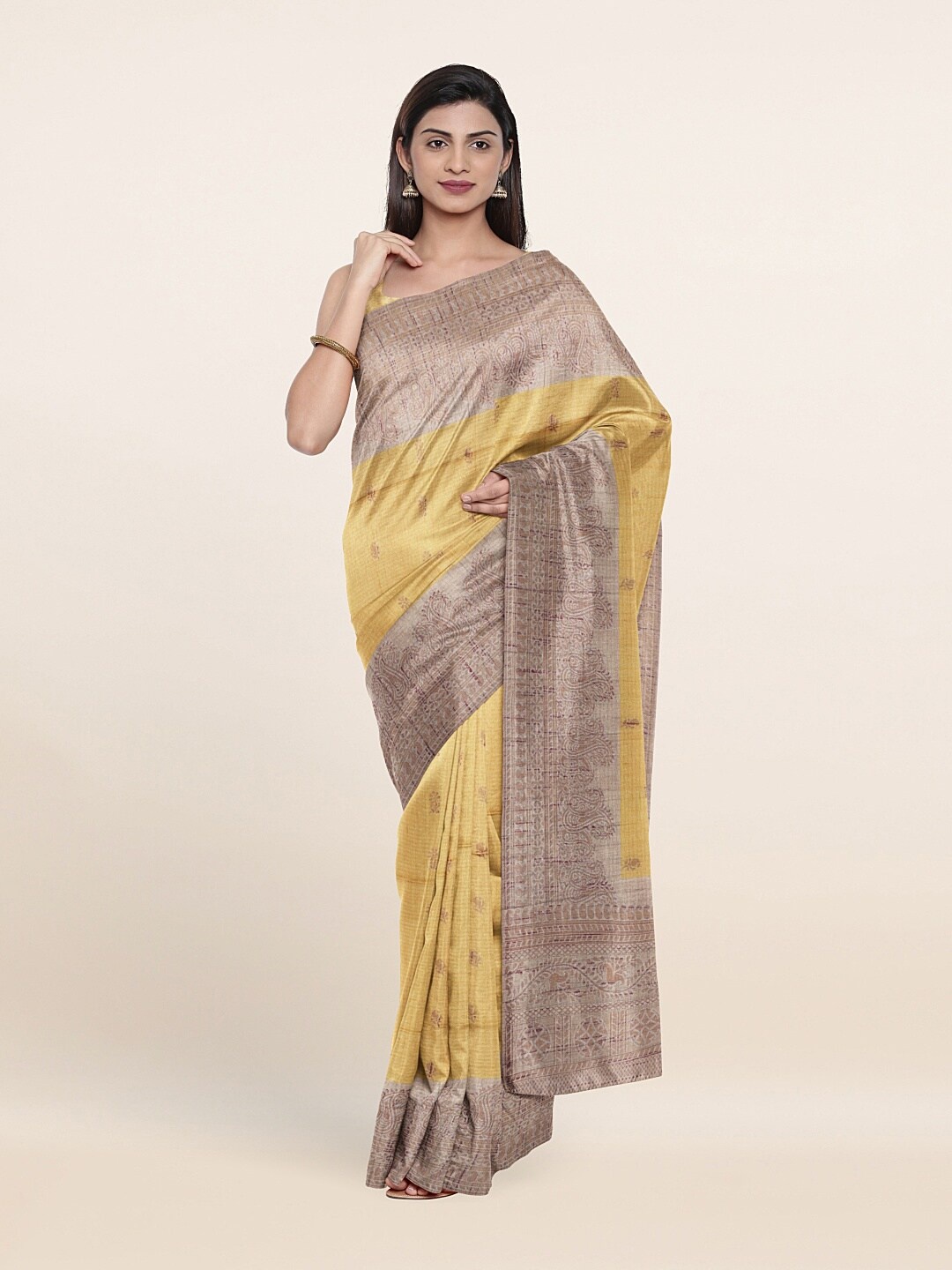 

Pothys Mustard & Beige Woven Design Saree