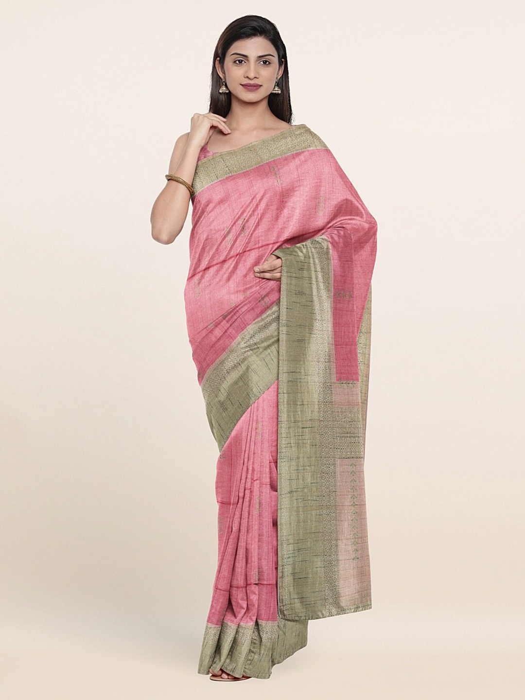 

Pothys Pink & Taupe Woven Design Banaras Silk Saree