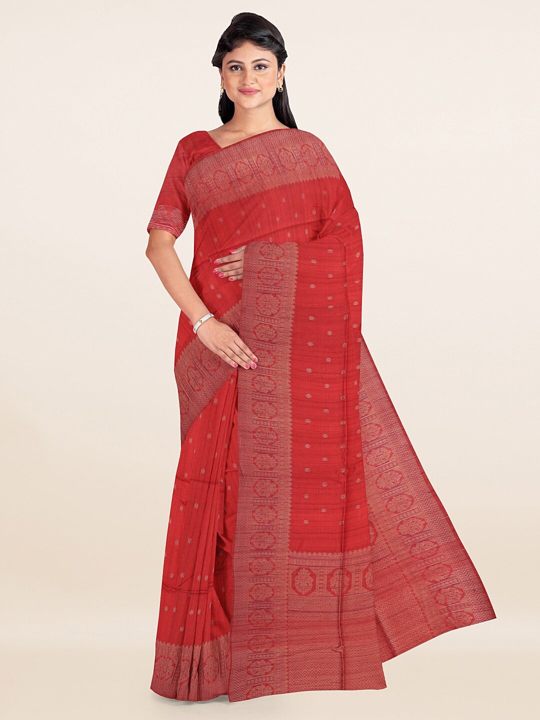

Pothys Red & Silver-Toned Woven Design Saree
