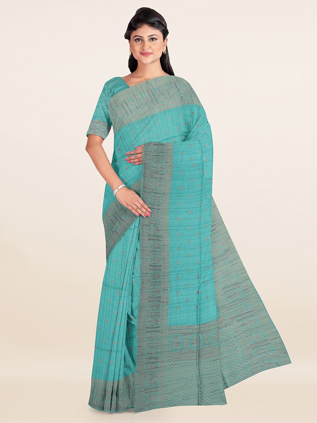 

Pothys Green & Taupe Woven Design Zari Banaras Silk Saree