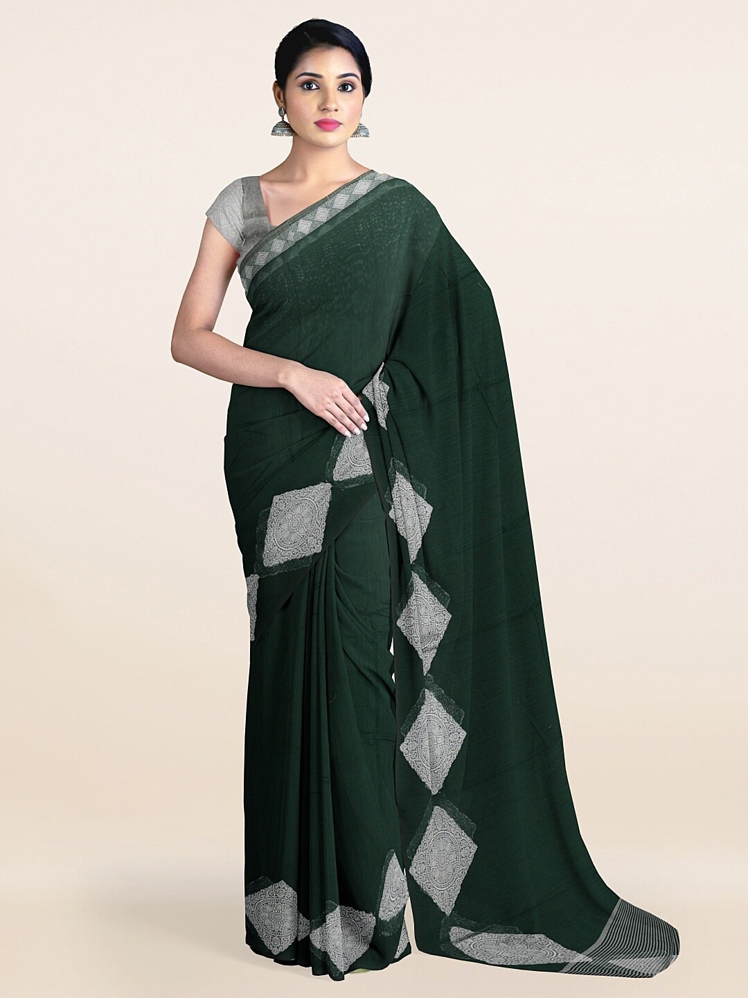 

Pothys Green & Silver Solid Cotton Saree