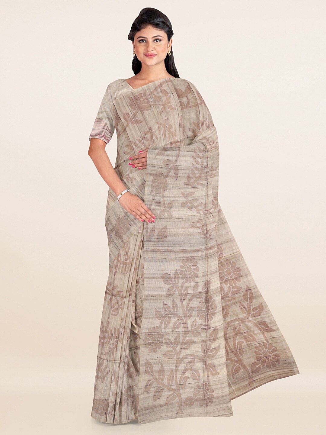 

Pothys Cream-Coloured & Brown Floral Zari Banaras Silk Saree