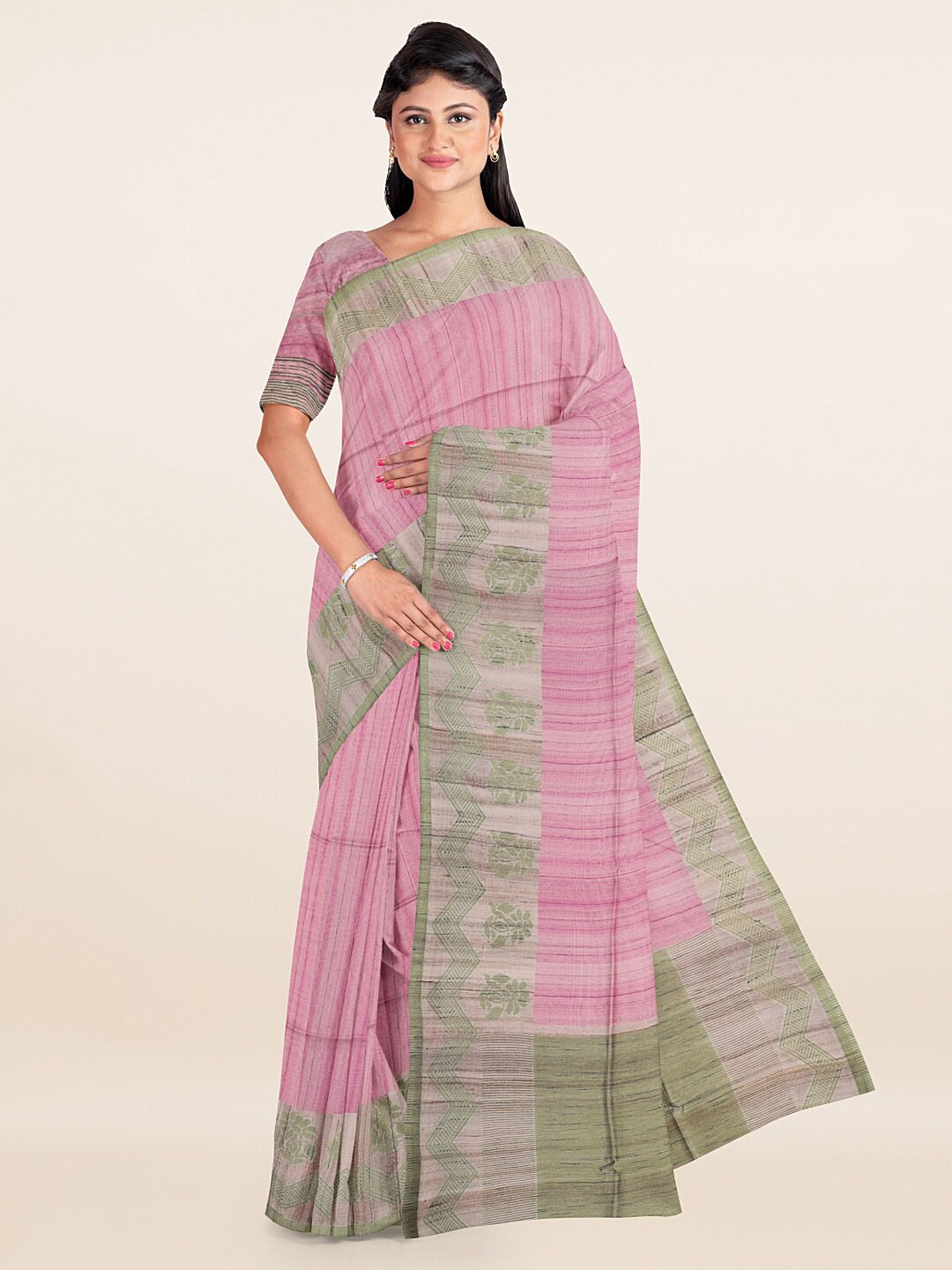 

Pothys Pink & Grey Striped Zari Cotton Blend Saree