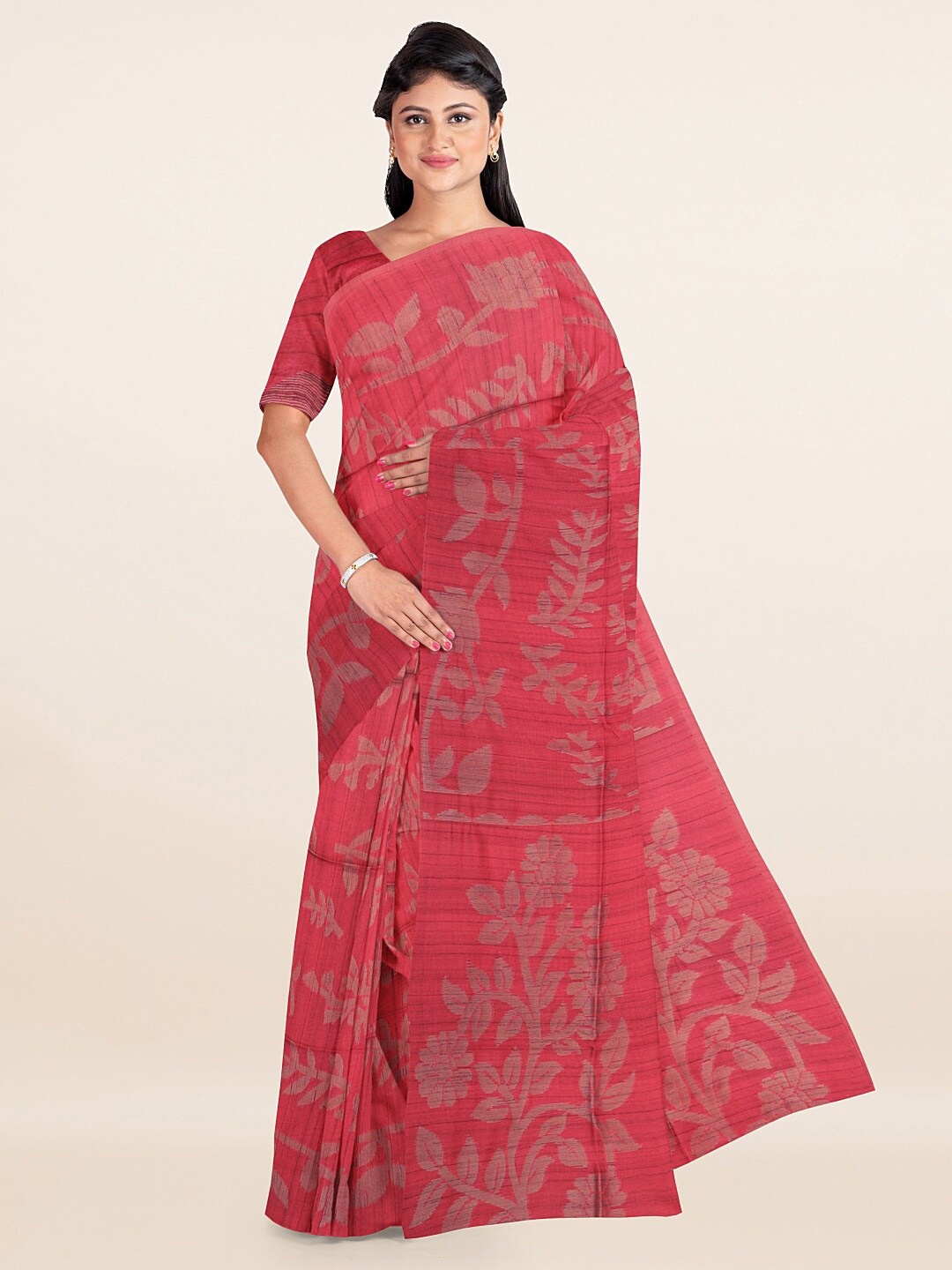 

Pothys Pink & Beige Floral Banaras Silk Saree
