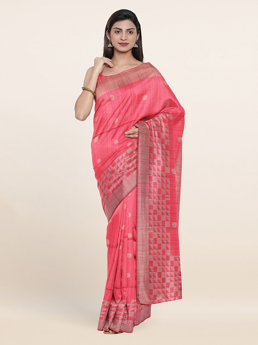 

Pothys Pink & Beige Ethnic Motifs Zari Pure Silk Banarasi Saree