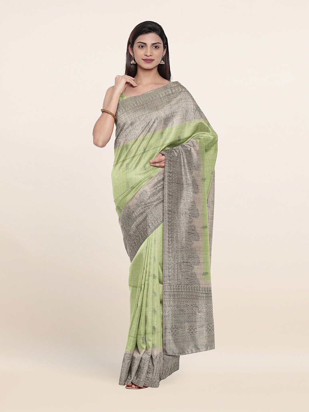 

Pothys Green & Grey Ethnic Motifs Zari Banarasi Saree
