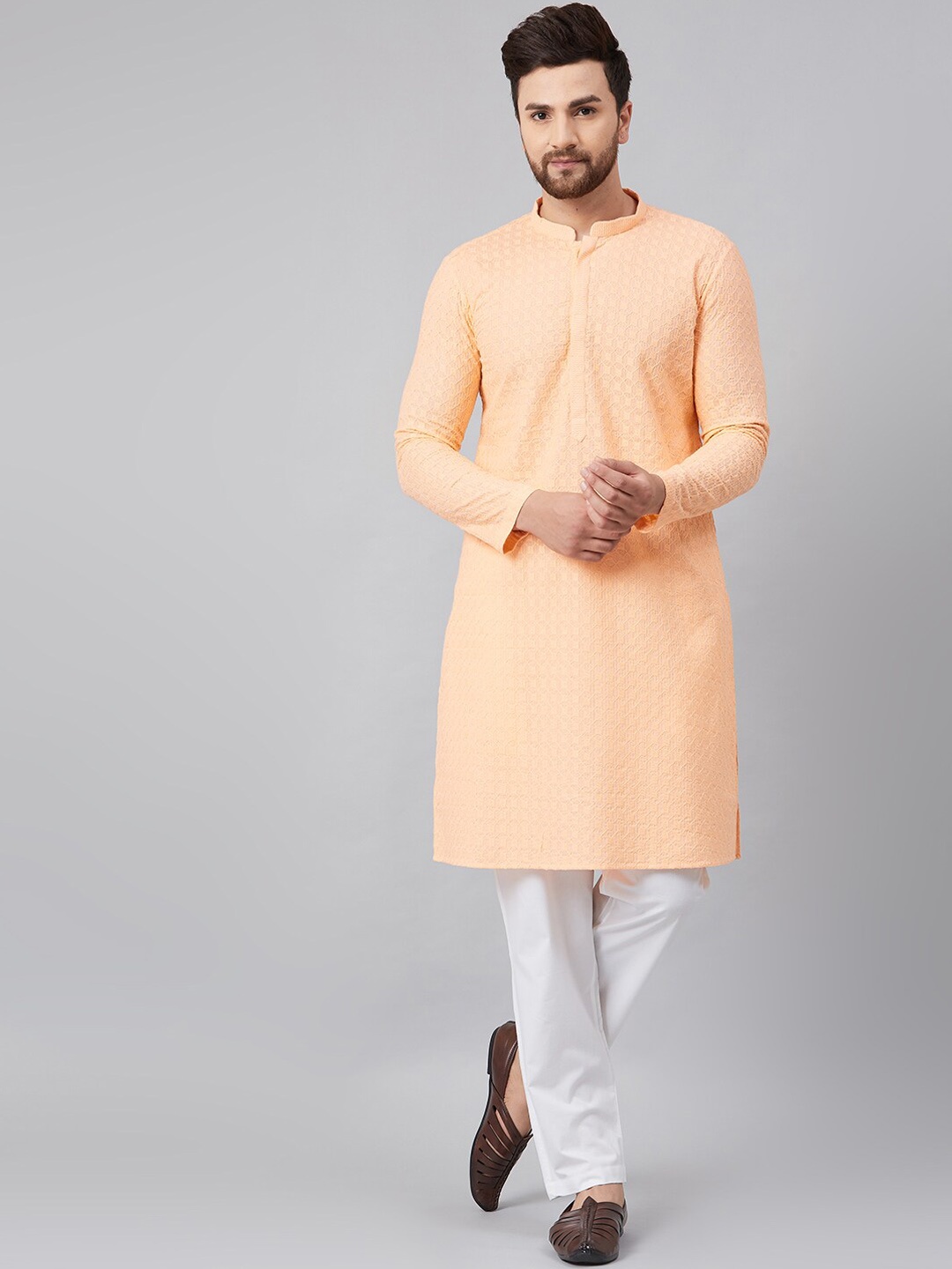 

See Designs Men Peach-Coloured Chikankari Embroidered Woven Design Straight Kurta