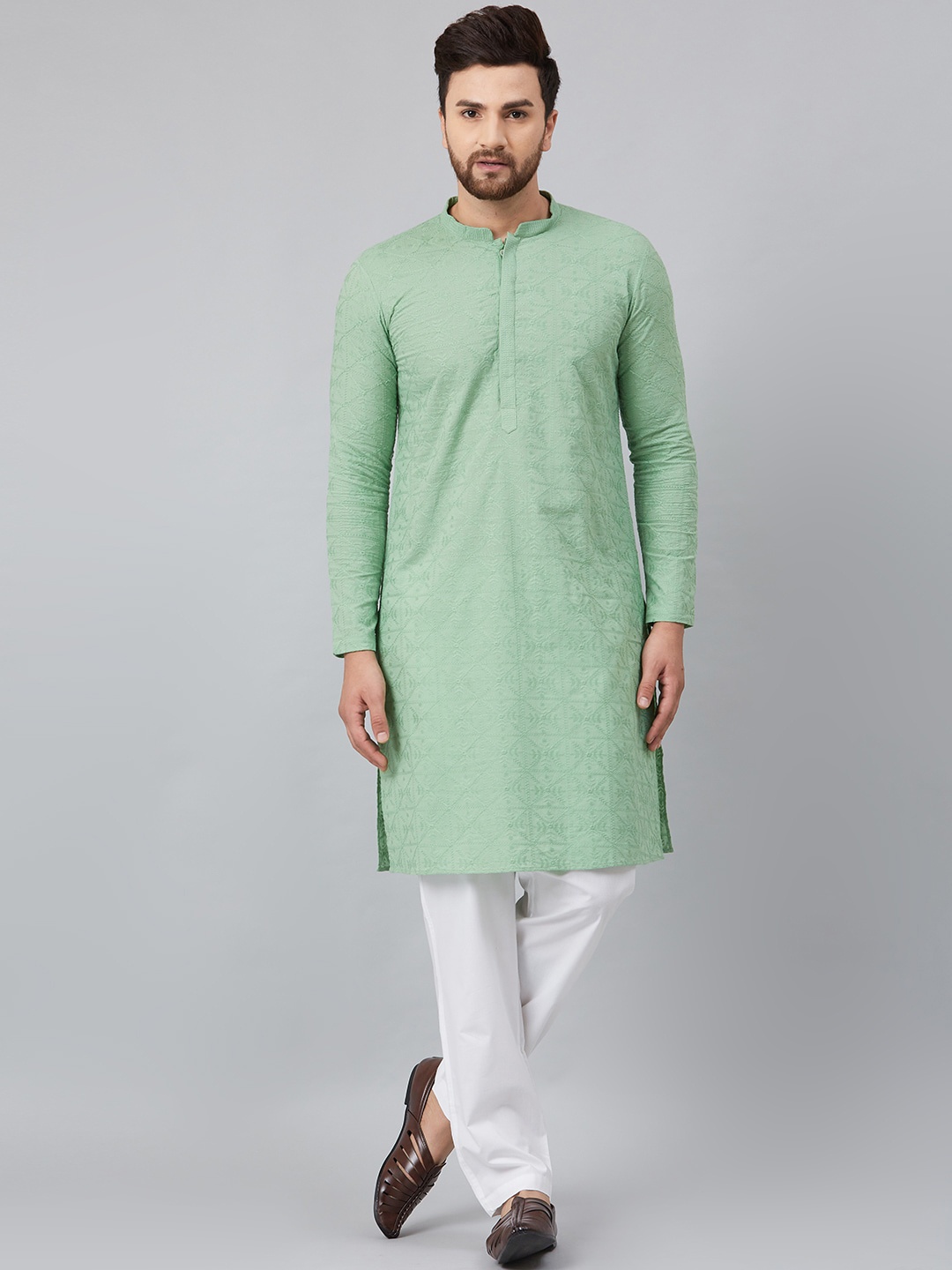 

See Designs Men Green Ethnic Motifs Embroidered Chikankari Pure Cotton Kurta