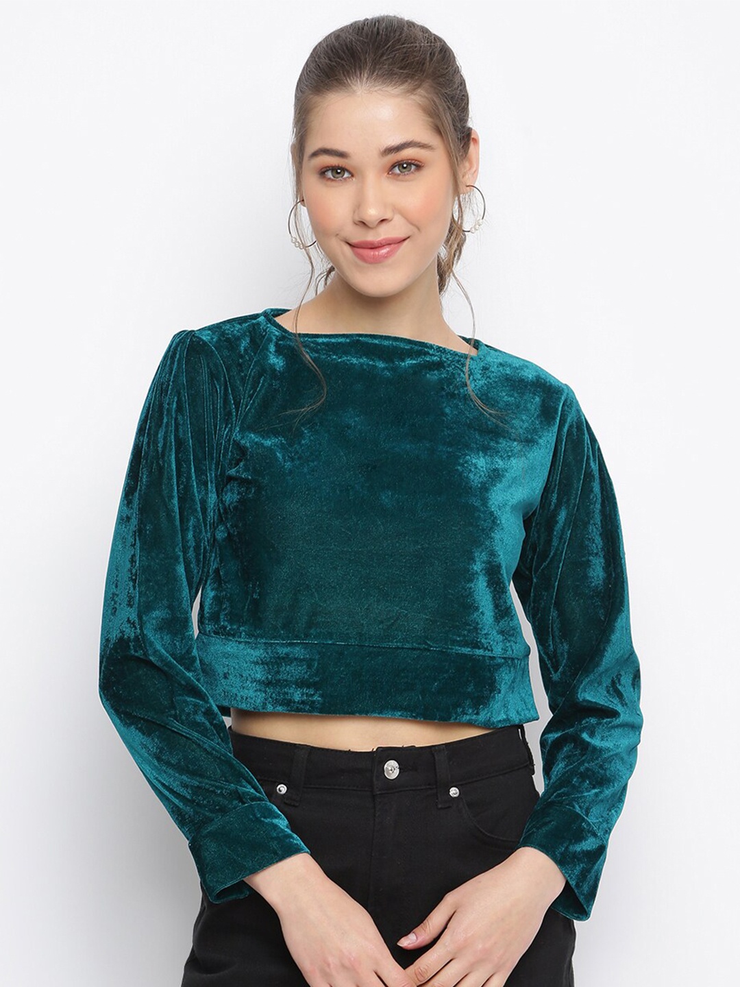 

Mayra Teal Green Velvet Crop Top