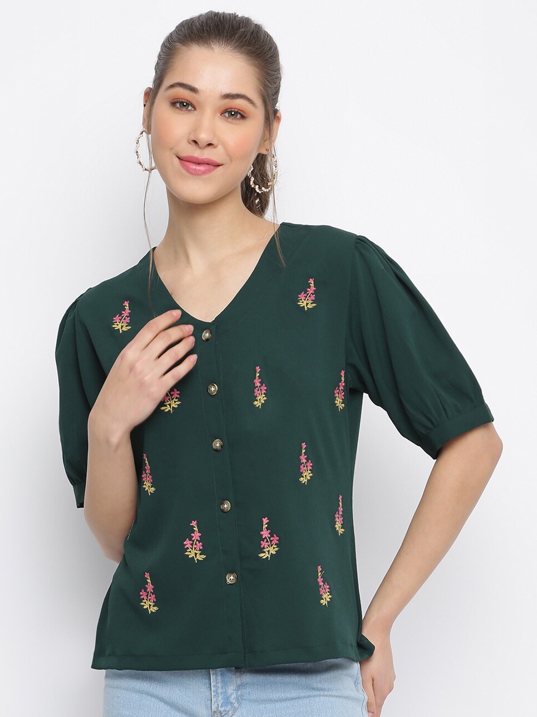 

Mayra Green & Pink Floral Embroidered Crepe Shirt Style Top