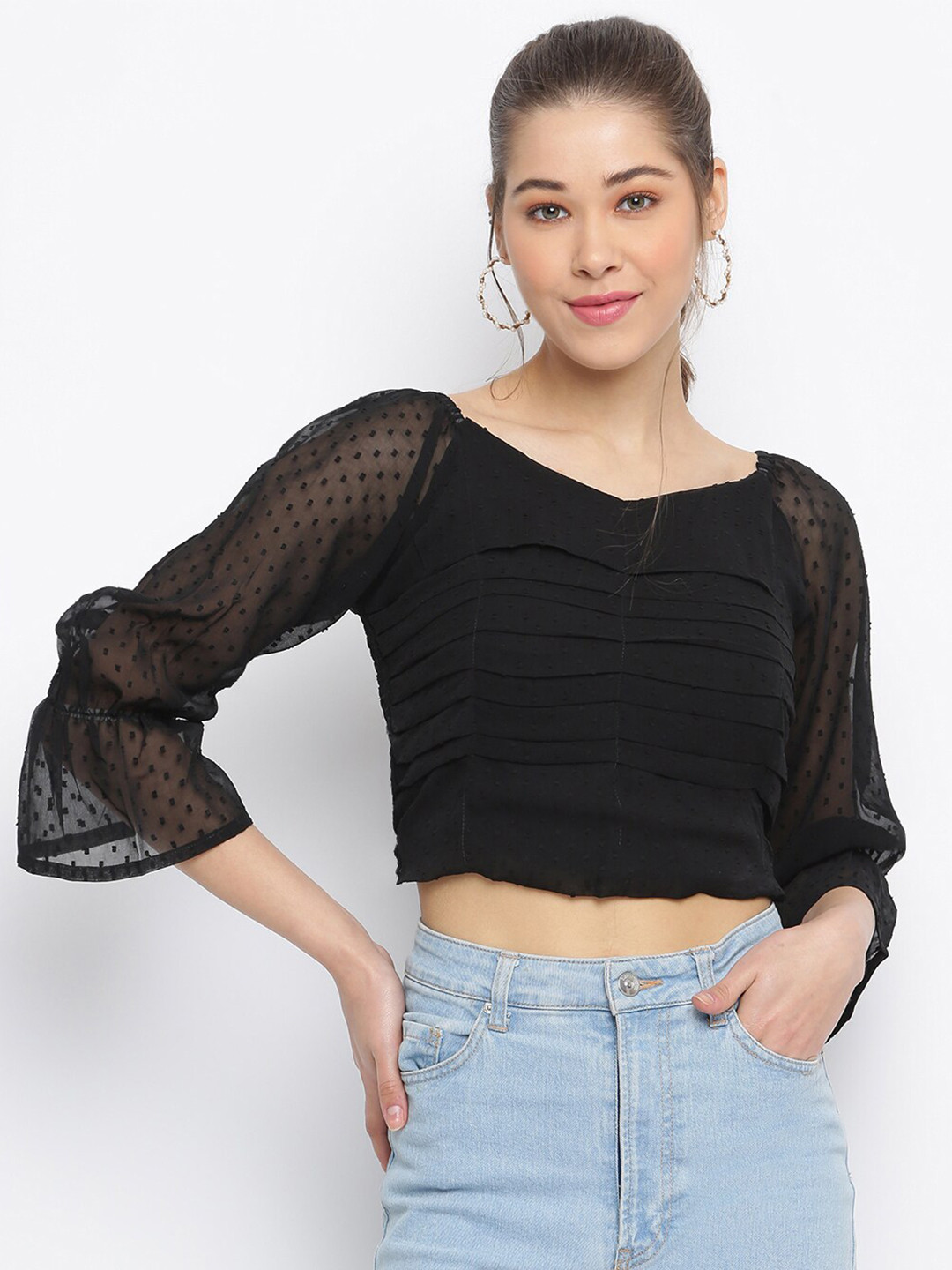 

Mayra Black Self Design Bell Sleeve Georgette Crop Top