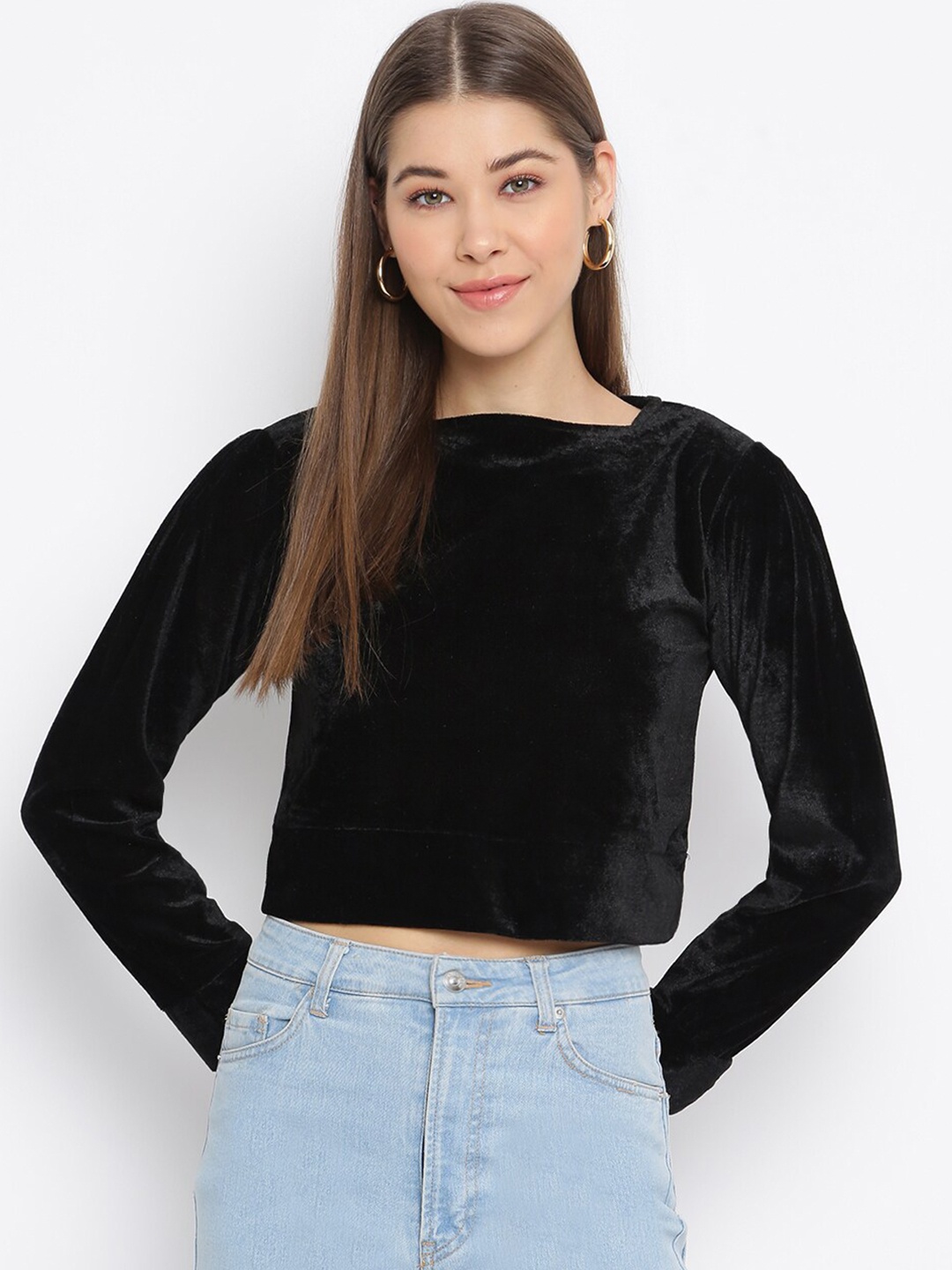 

Mayra Woven Black Velvet Boxy Crop Top