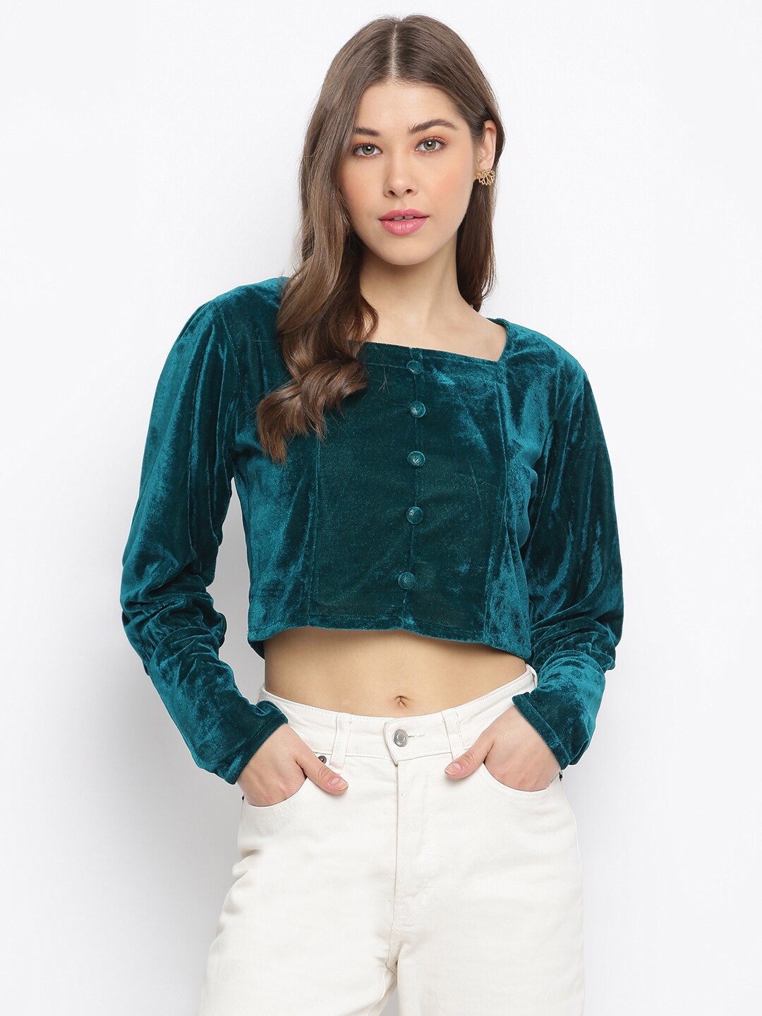 

Mayra Teal Velvet Crop Top