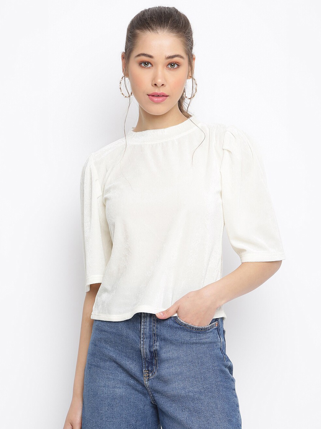 

Mayra Women White Velvet Crop Top