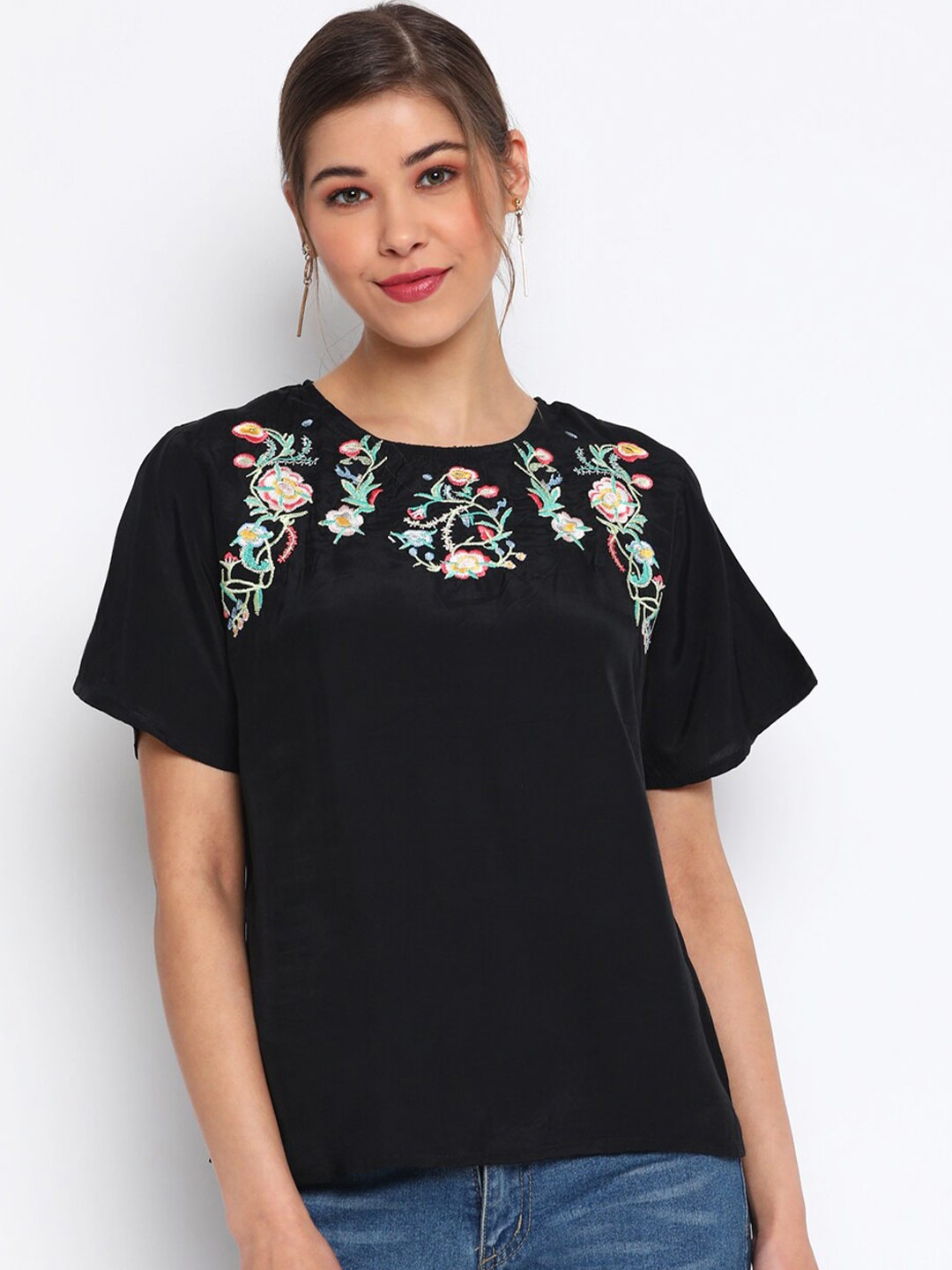 

Mayra Black Floral Embroidered Crepe Top