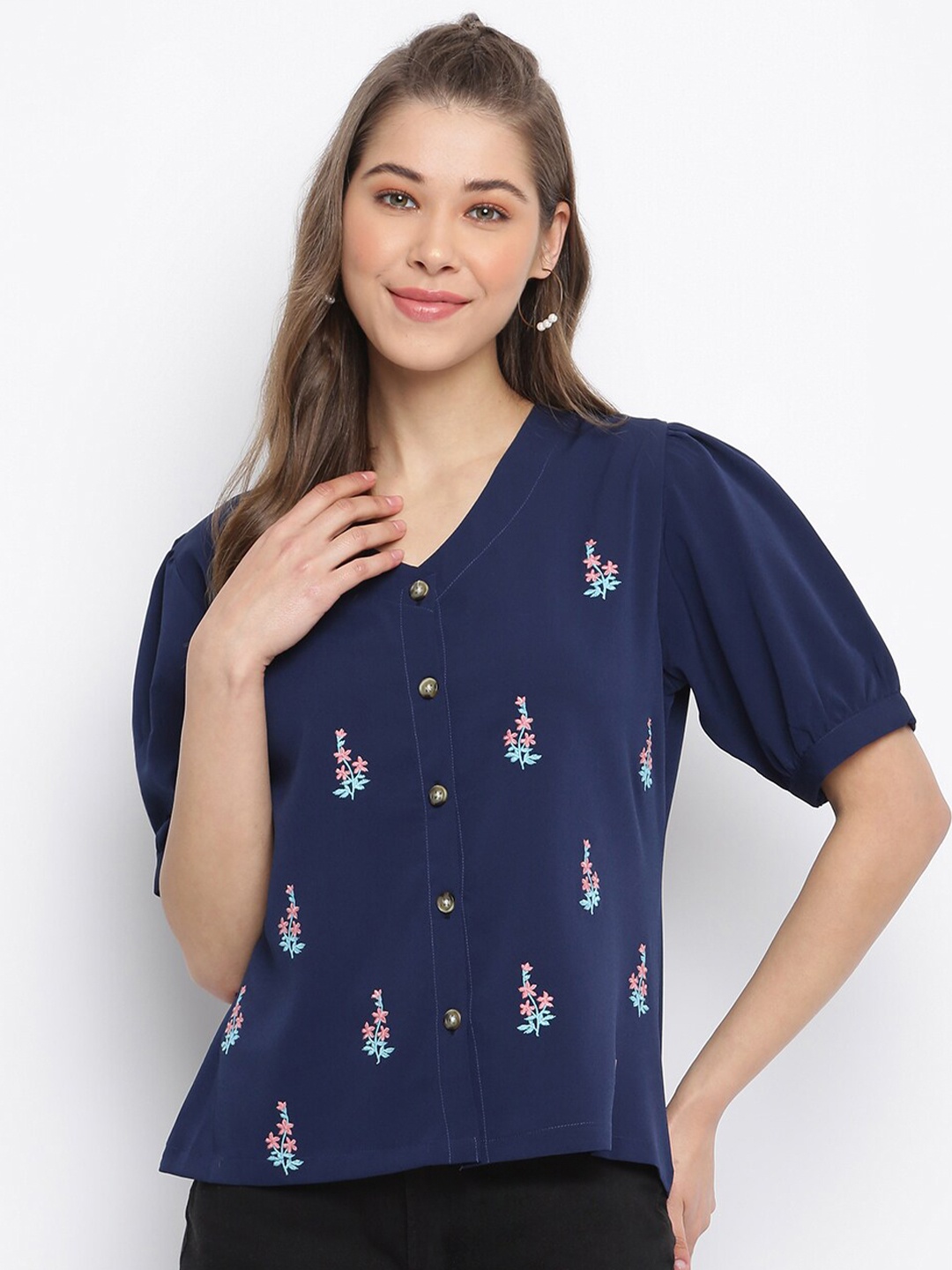 

Mayra Women Navy Blue Floral Embroidered Crepe Top