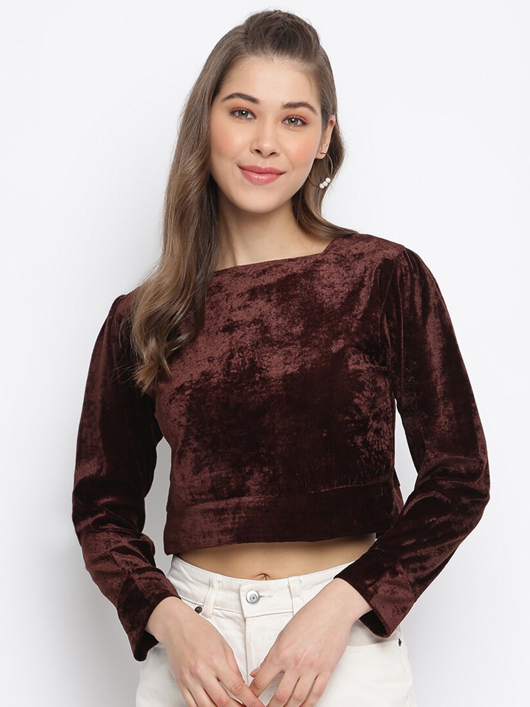 

Mayra Women Brown Velvet Crop Top