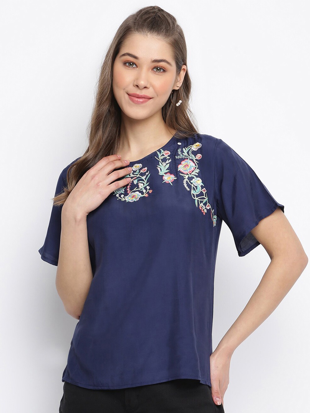 

Mayra Navy Blue Floral Embroidered Crepe Top